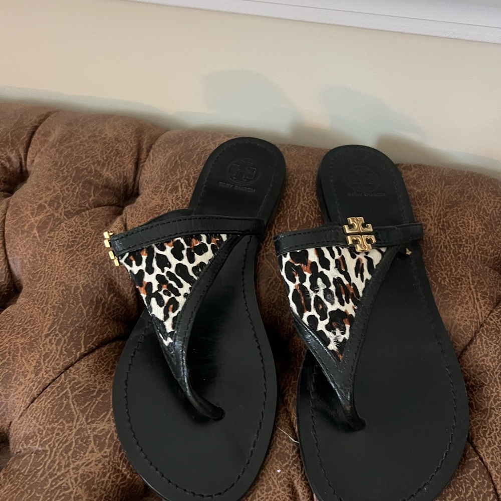 Tory Burch Black and Animal Print Sandals